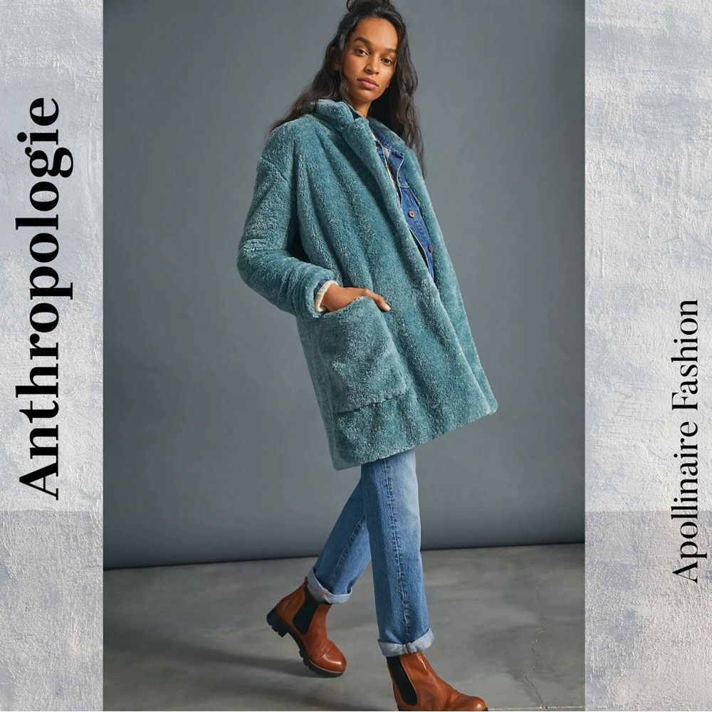 Anthropologie Teal Plush Teddy Coat